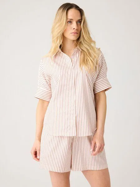 KnowledgeCotton Apparel KnowledgeCotton Apparel Satinbluse mit kurzen Ärmeln ISLET aus Bio-Baumwolle, Blau-blue-stripe, – Produktbild 2 von 3