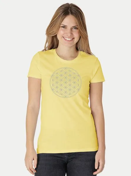 Peaces.bio - handbedruckte Biomode Peaces.bio - handbedruckte Biomode Bio-Damen-T-Shirt Die Blume des Lebens, Hellgelb, – Produktbild 2 von 3