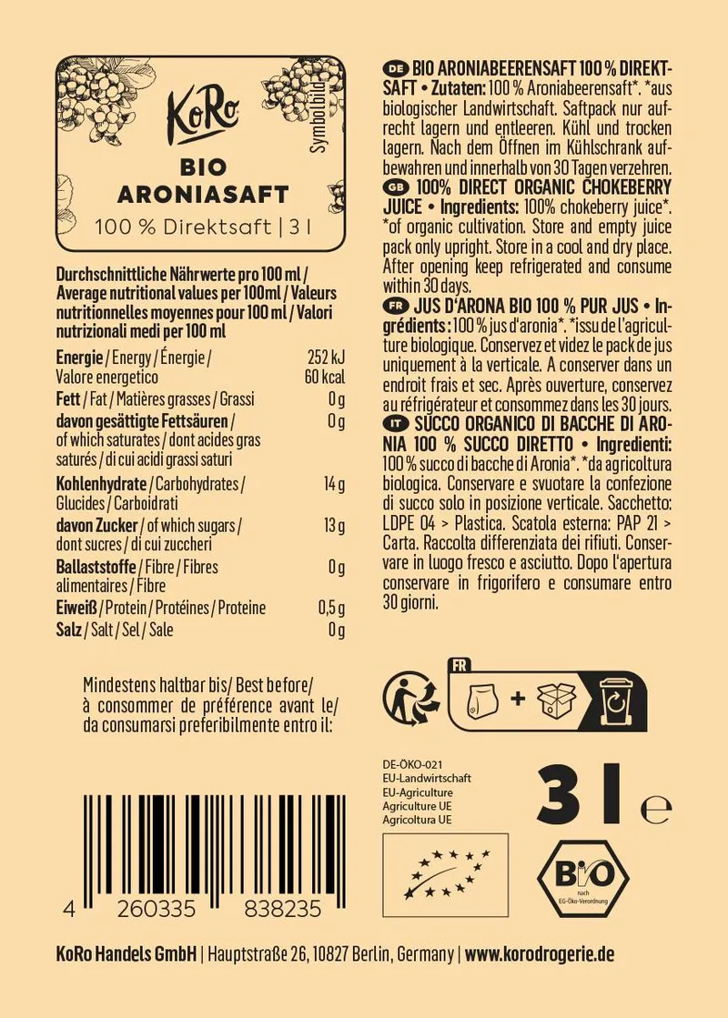 KoRo Bio Aronia Saft Bag-in-Box 3 L – Produktbild 2 von 4