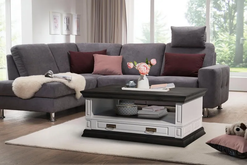OTTO home Couchtisch Vinales mit Messinggriffen im Jugendstil und einer Schublade, mit Zierleiste und elegantem Sockel, Weiß, – Produktbild 1 von 5