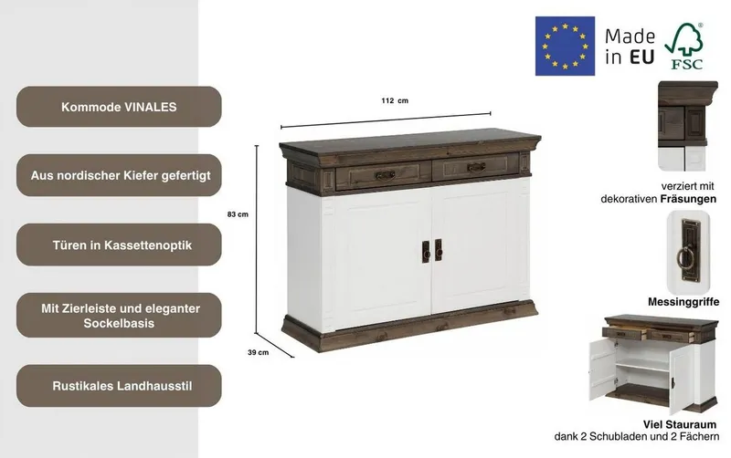 OTTO home Kommode Vinales, mit 2 Schubläden, 2 Türen und Messinggriffe im Jugendstil, Messinggriffe im Jugendstil, mit Zierleisten und elegantem Sockel, Weiß, – Produktbild 4 von 5