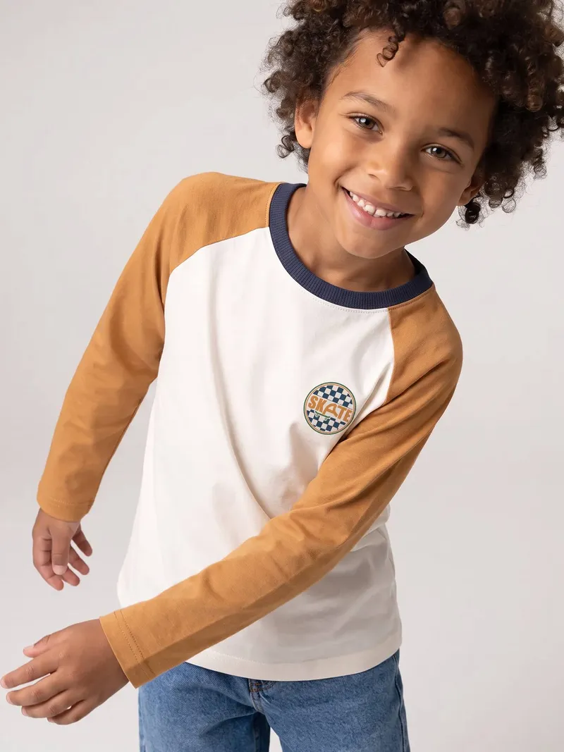 Vertbaudet Langarmshirt Jungen Colorblock, Ocker, – Produktbild 2 von 3