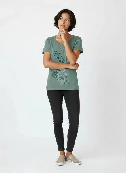 Spangeltangel Spangeltangel Frauenshirt "Fahrräder", bedruckt, Siebdruck, sportlich, Bio-Baumwolle, Graugrün, – Produktbild 4 von 4
