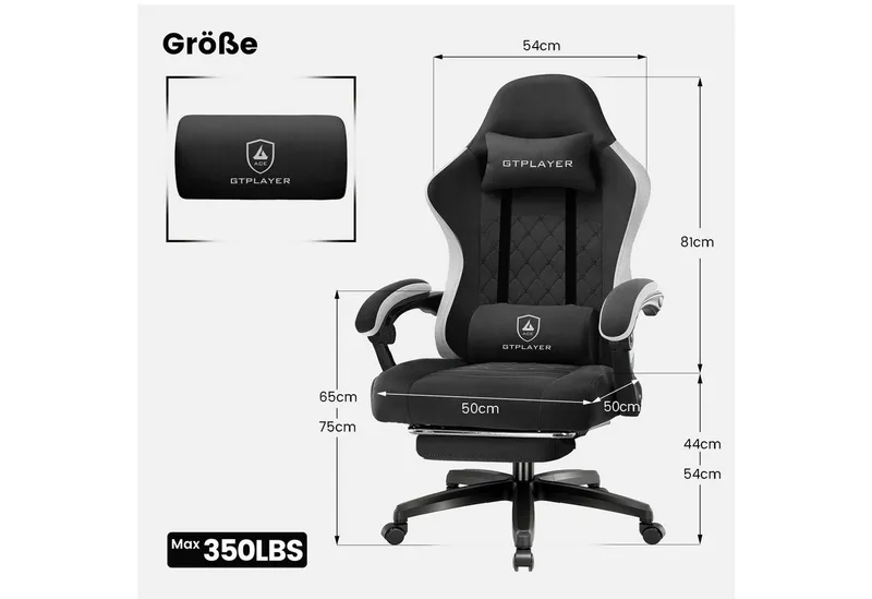 GTPLAYER Gaming-Stuhl Gaming Stuhl Stoff, Gaming Sessel mit Taschenfederkissen, Drehstuhl, Gamer Stuhl mit Fußstütze150 kg, Schwarz, – Produktbild 2 von 5
