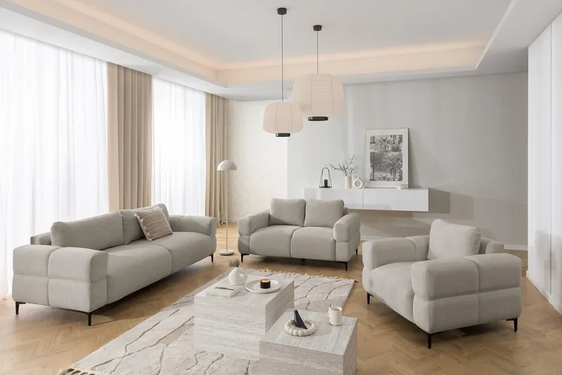 S-Style Möbel Polstergarnitur 3+2+1 Cardea in Bubble-Optik aus weichem Strukturstoff, mit Wellenfederung und hohem Sitzkomfort, Braun, – Produktbild 2 von 5