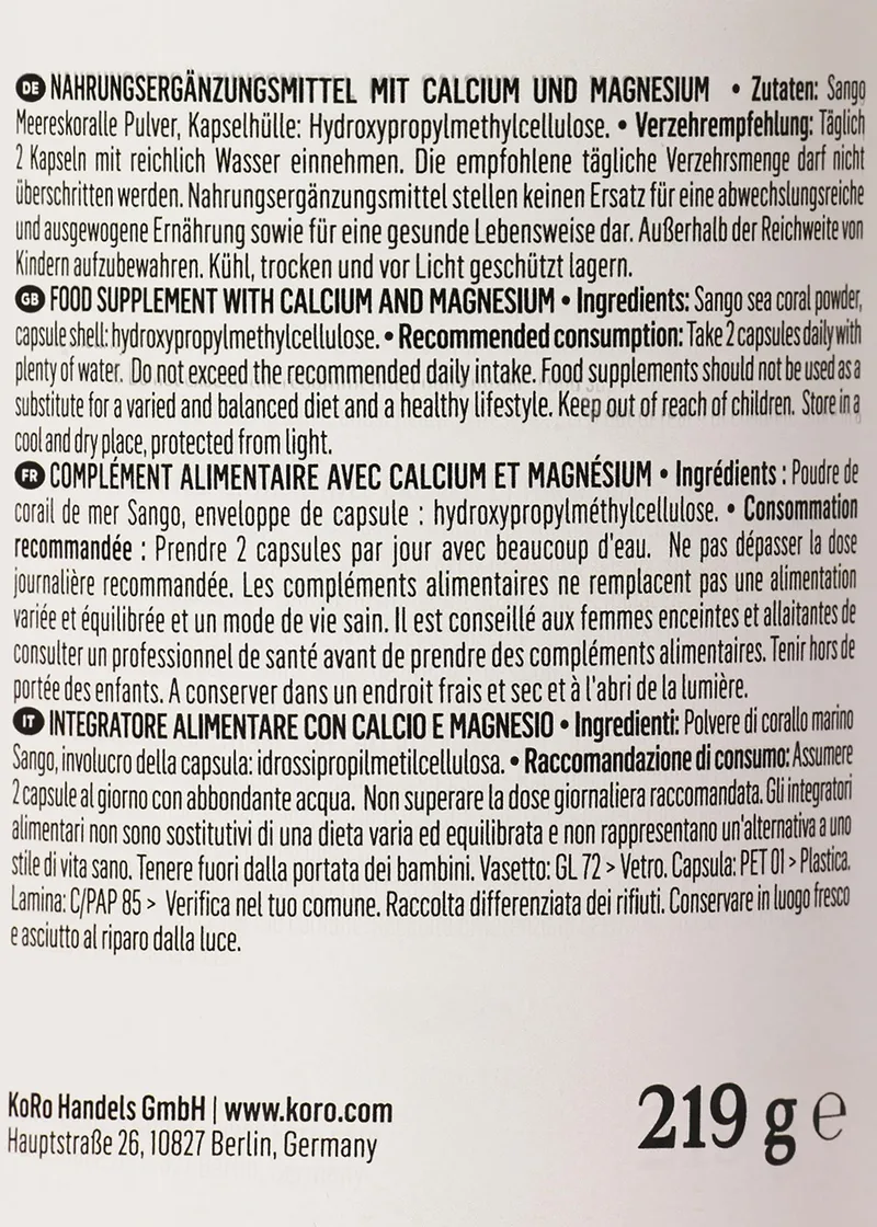 KoRo Sango Meereskoralle Calcium + Magnesium Kapseln 180 Stück – Produktbild 3 von 5