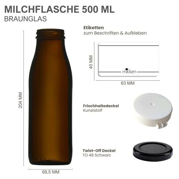 mikken mikken 6x Milchflasche braun 500 ml Glasflasche mit Deckel + Frischhaltedeckel und Etiketten, Schwarz, – Produktbild 2 von 2