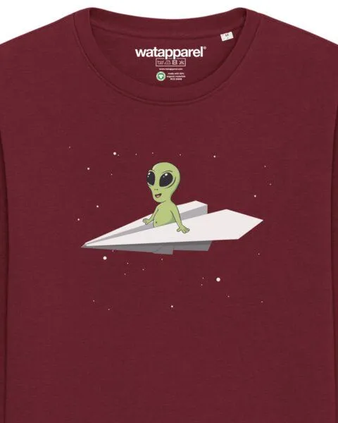 watapparel watapparel Sweatshirt Unisex Alien on a paper plane, Burgundy, – Produktbild 3 von 4