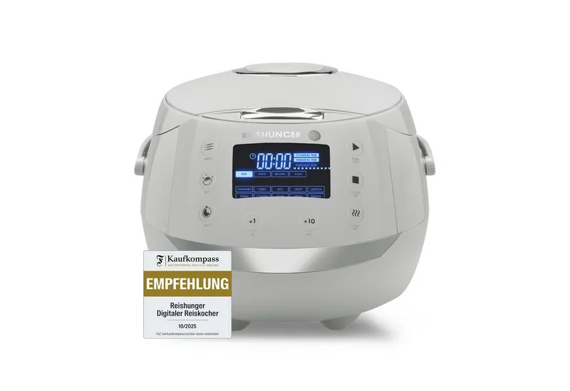 Reishunger Reishunger Reiskocher Digital – 1,5 L – Multikocher – 12 Programme – Keramikbeschichtung, 860 W, Timer- und Warmhaltefunktion, 7-Kochphasen-Technologie, LED-Display, Grau, – Produktbild 6 von 6