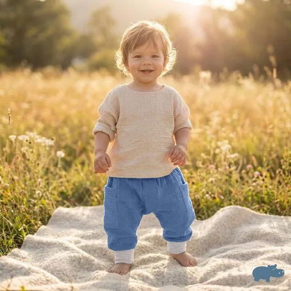 Mababu Mababu Musselin Pumphose | GOTS-zertifiziert | Bio-Baumwolle | Größen 1-5 Jahre | 4 Farben, Indigo blue/grey, – Produktbild 1 von 4