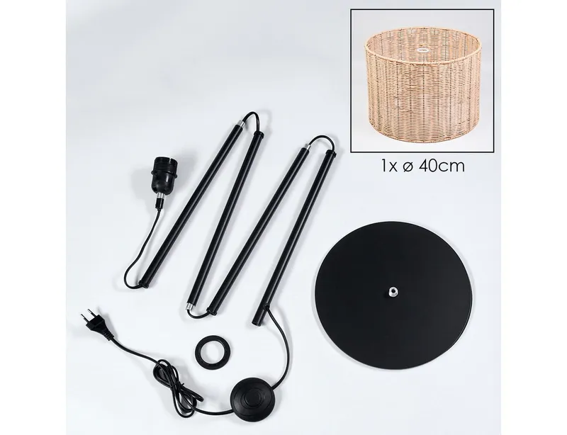 hofstein Stehlampe Stehlampe aus Metall/Bambus in Schwarz/Natur, ohne Leuchtmittel, mit rundem Schirm (40 cm) u. Fußschalter, 1 x E27, ohne Leuchtmittel, Beige, – Produktbild 5 von 5