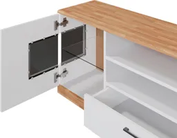 OTTO home Lowboard Ribe,160cm breit,55cm hoch,Oberplatte massiv, Oberplatte Massivholz,schwarze Metall Griffe,2 Türen mit Glaseinsatz – Produktbild 1 von 1