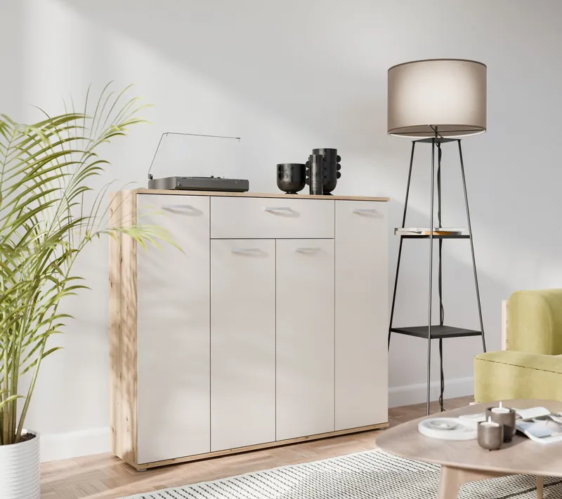 FORTE Kommode Kombikommode, Stauraum, Einlegeböden verstellbar, B/H/T ca.140/120/34 cm, viel Stauraum, PEFC zertifiziert, Beige, – Produktbild 2 von 8