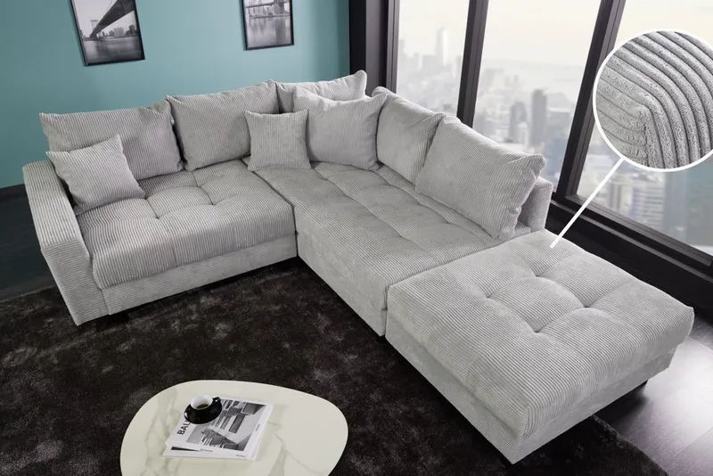 riess-ambiente Ecksofa KENT 220cm hellgrau/schwarz- Cord, L-Form, Federkern, FSC-zertifiziert, Einzelartikel 1 Teile, Moderne Wohnlandschaft inkl. Hocker - ideal für Wohnzimmer u. Familien, Grau, – Produktbild 1 von 5