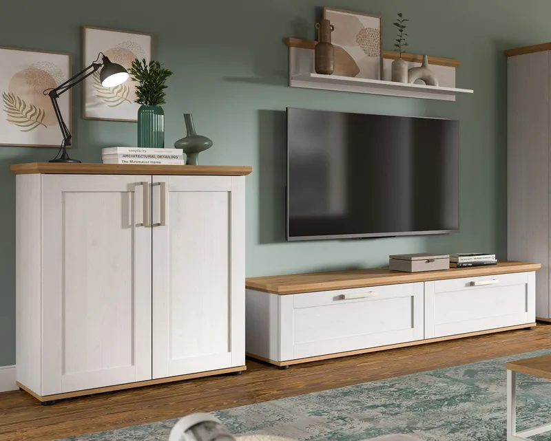 Inn.Furn Wandboard Mirano, Wandregal in weiß Lärche mit Eiche Artisan, in gekälkter Optik, Weiß, – Produktbild 1 von 5