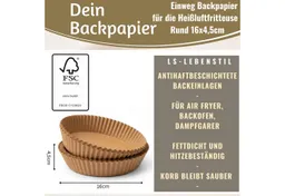 LS-LebenStil Backpapier Rund 16cm Set 100 Stück FSC für Airfryer Heißluftfritteuse Ninja, FSC zertifiziert, Antihaftbeschichtete Einweg Backeinlagen Zuschnitte – Produktbild 1 von 1