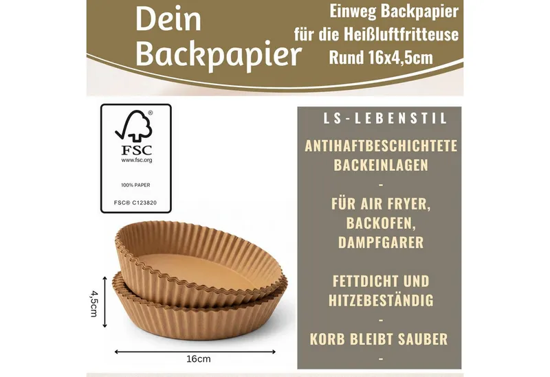 LS-LebenStil Backpapier Rund 16cm Set 100 Stück FSC für Airfryer Heißluftfritteuse Ninja, FSC zertifiziert, Antihaftbeschichtete Einweg Backeinlagen Zuschnitte, Braun, – Produktbild 1 von 5