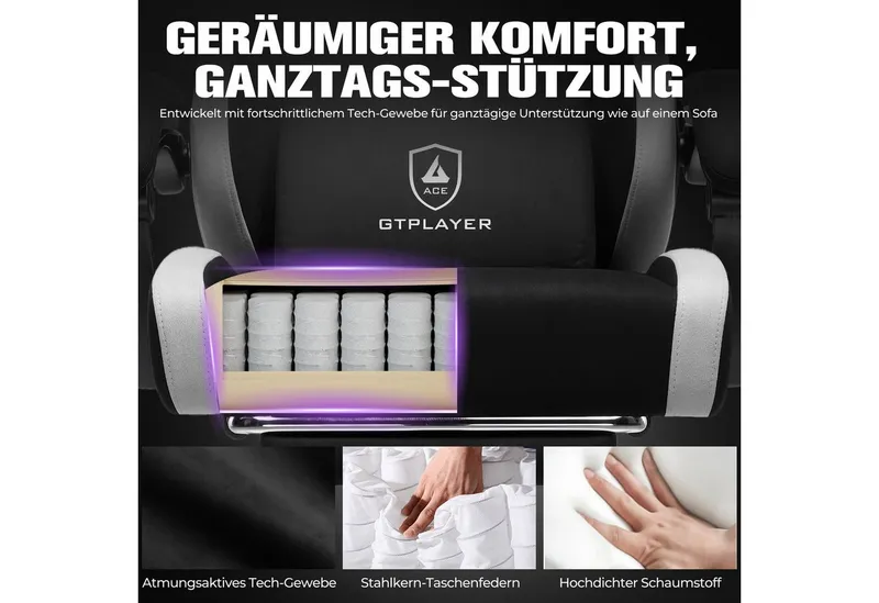 GTPLAYER Gaming-Stuhl Ergonomischer Gaming Sessel Schreibtischstuhl aus Stoff/Kunstleder (Packung), Federsitzkissen mit Fußstütze, Schwarz, – Produktbild 4 von 5