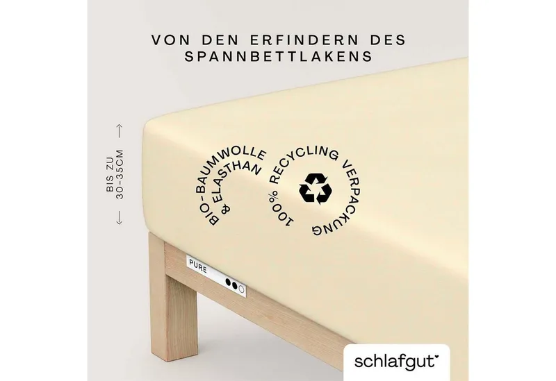 Schlafgut Schlafgut Spannbettlaken PURE Bio-Baumwolle mit Elasthan, 170 g/m², Bettlaken, Spannbetttuch, Jersey, Gummizug: rundum, (1 Stück), PREMIUM Laken für Matratzen bis 30cm Höhe, dehnbar blickdicht, straff, Gelb, – Produktbild 2 von 5