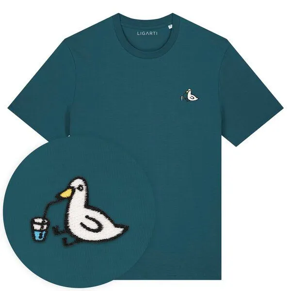 LIGARTI Besticktes T-Shirt – Piet die Ente – LIGARTI Tiermanufaktur, Petrol, – Produktbild 1 von 4