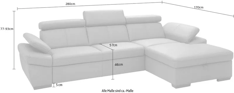 exxpo - sofa fashion Ecksofa Salerno, Funktionssofa, Breite 280cm, hoher Sitzkomfort, L-Form, inkl. Kopf- und Armteilverstellung, wahlweise mit Bettfunktion, Weiß, – Produktbild 4 von 5