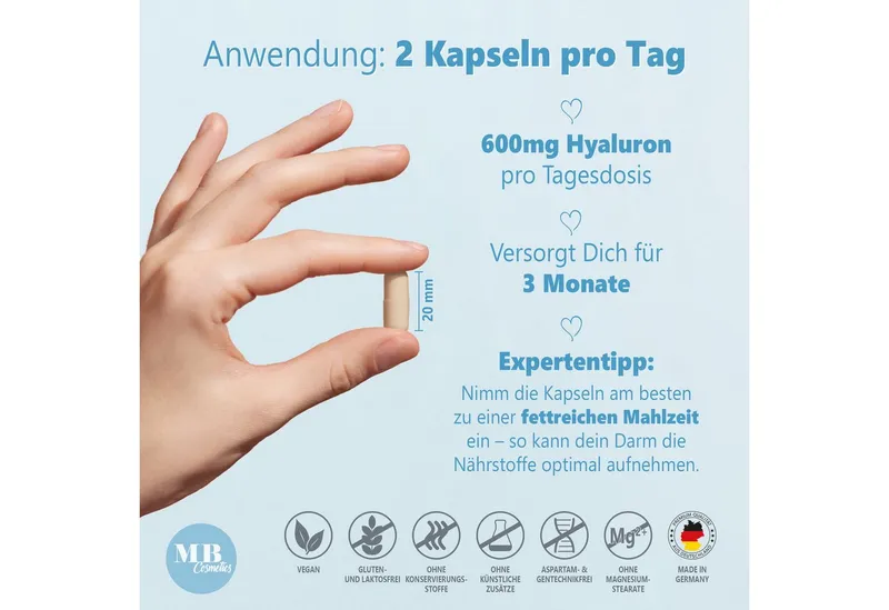 Medical Beauty Cosmetics Hyaluron Komplex 600mg mit Grüntee, Biotin, Selen, Curcumin 180 Kapseln, 1 er Packung à 79 g, Vegan, hochdosiert & laborgeprüft, 3-Monats-Vorrat – Produktbild 3 von 5