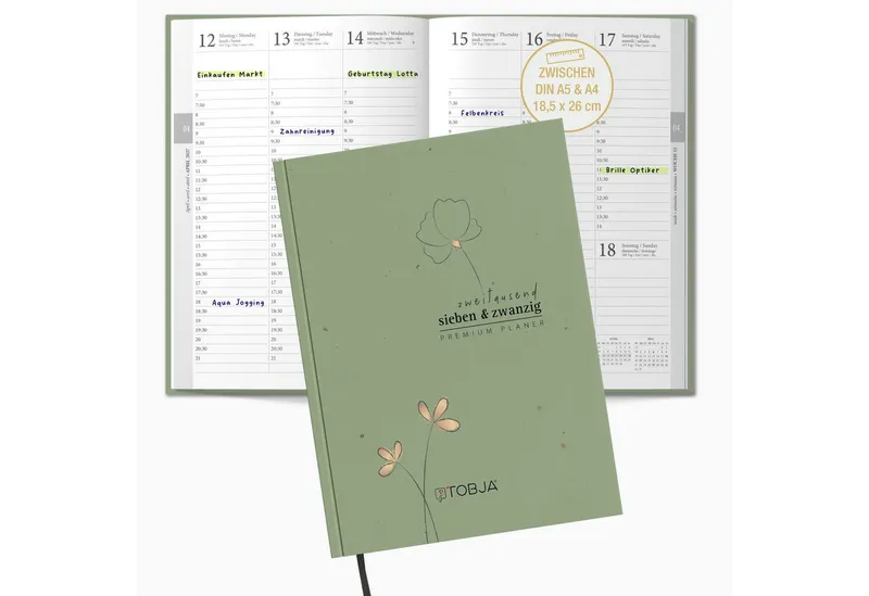 TOBJA Buchkalender Buchkalender 2027 Wochenplaner salbeigrün Skandi OptiPlaner Sage FSC, Salbeigrün, Roségold-Blumen, 30-Min-Taktung, 18,5x26 cm, FSC – Produktbild 1 von 5