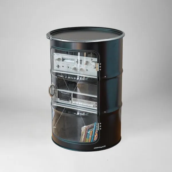 Lockengelöt Lockengelöt HiFi Vitrine aus einem Hamburger Ölfass, Schwarz (gepulvert), – Produktbild 3 von 3