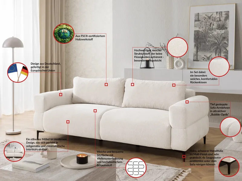 S-Style Möbel 3-Sitzer Sofa Cardea in Bubble-Optik aus weichem Strukturstoff, mit Wellenfederung und hohem Sitzkomfort, Beige, – Produktbild 3 von 5