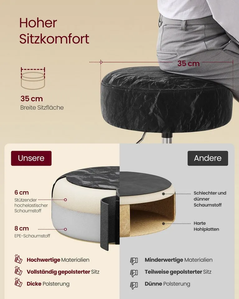 VASAGLE Barhocker Schminkhocker Schminkstuhl höhenverstellbar, 1/2er Set (1 St), für Schlafzimmer, Küche, 360° drehbar, dicke Polsterung, Schwarz, – Produktbild 5 von 5