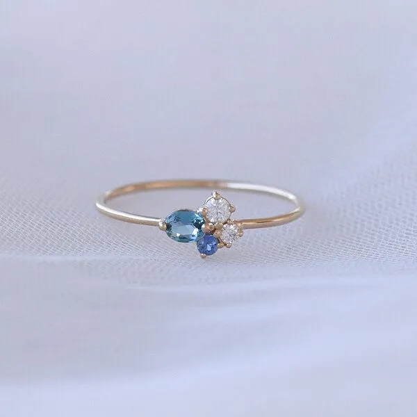 Eppi Eppi Goldener Cluster-Ring mit Topas, Saphir und Moissanit Avah, Weiss, – Produktbild 1 von 4