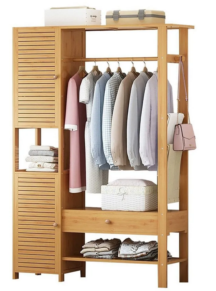 WAOHO Kleiderschrank kleiderschrank Bambus, Garderobenständer mit Schrank und Schublade, Beige, – Produktbild 2 von 5