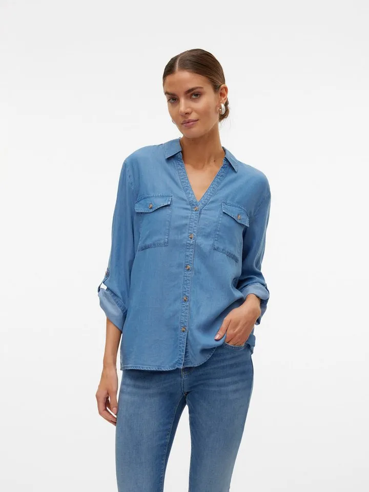 Vero Moda Hemdbluse VMBREE 7/8 SLEEVE LOOSE TENCEL SHIRT GA im Denim-Look und mit Riegel am Arm, Blau, – Produktbild 2 von 5