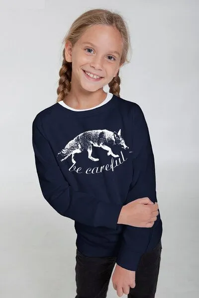 Peaces.bio - handbedruckte Biomode Peaces.bio - handbedruckte Biomode Bio-Kindersweatshirt "Be Careful", Navy, – Produktbild 1 von 1