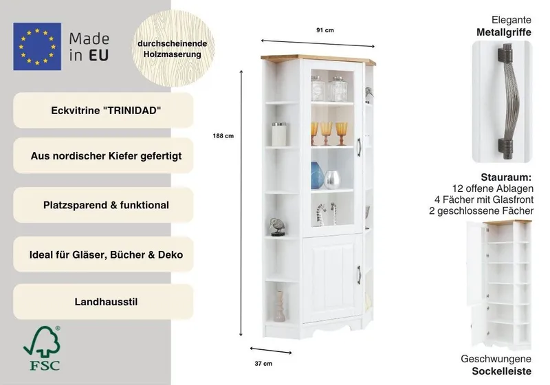 OTTO home Eckvitrine Trinidad Höhe 188 cm, FSC® zertifiziertes Massivholz, Weiß, – Produktbild 1 von 4