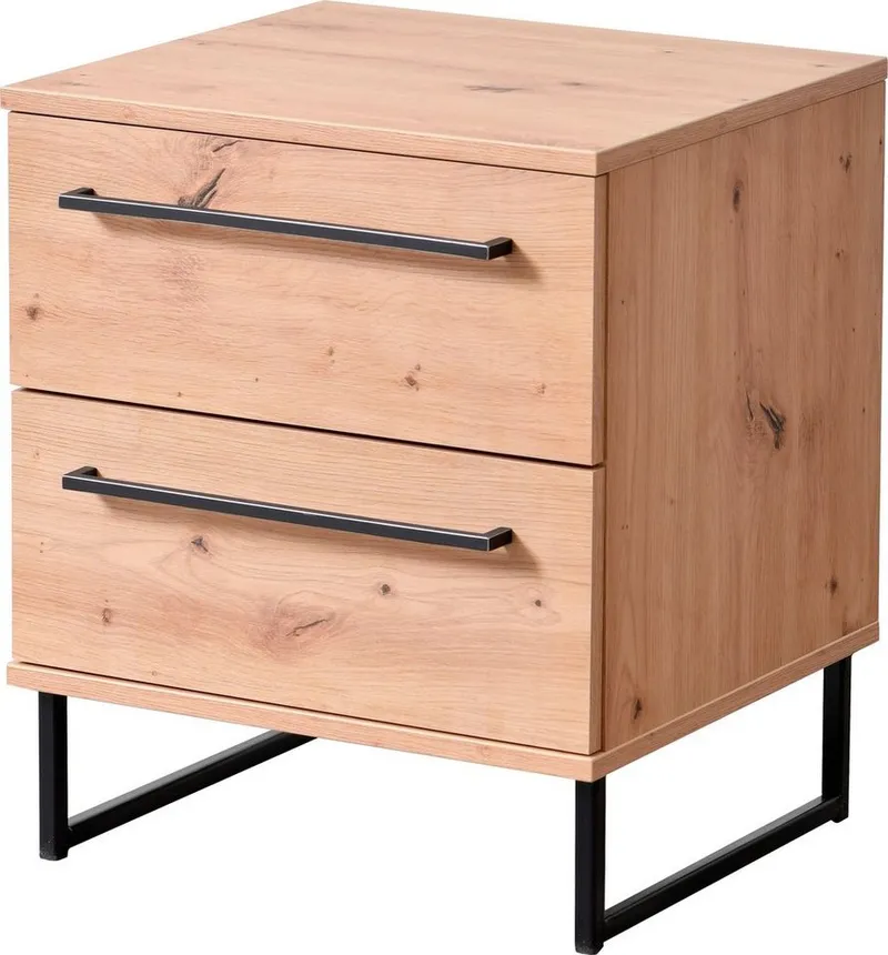 Home affaire Nachtkommode Sardinia, Nachtschrank, Maße (B/T/H): 45,5/35/54 cm (FSC-zertifizierter Holzwerkstoff), mit 2 Schubladen, Metallgriffe und Metallfüße in Kufenform, Beige, – Produktbild 5 von 5
