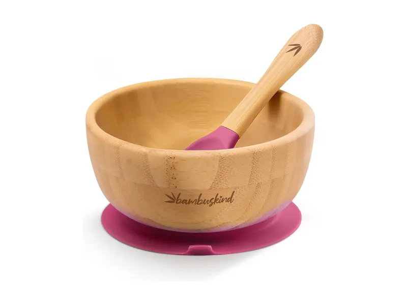 Bambuskind Bambuskind Kindergeschirr Schüssel mit Löffel und Saugnapf, aus Bambus Durchmesser 14 cm, 4,5 cm tief, Natur, lila, – Produktbild 3 von 3