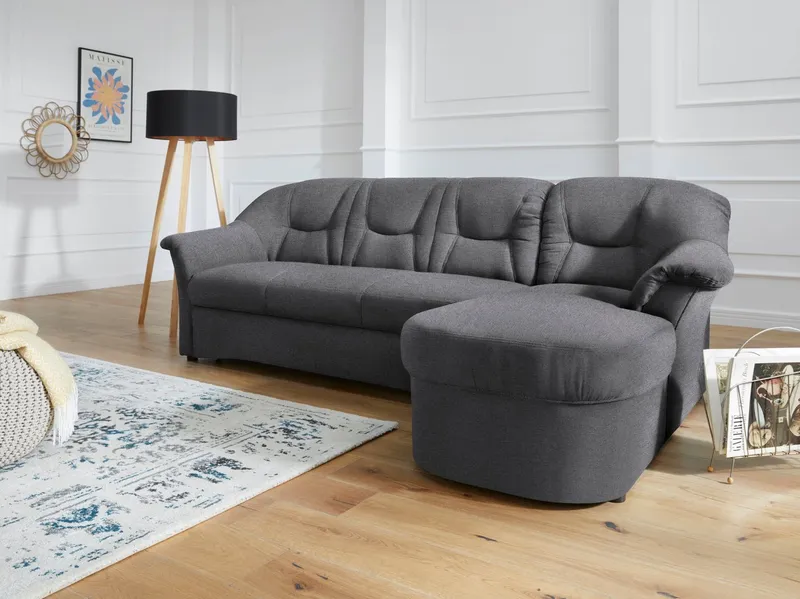 DOMO collection Ecksofa SARAFINA 232x146 cm, auch mit Federkern für noch mehr Sitzkomfort!, whlw. mit Bettfunktion, L-Form, Grau, – Produktbild 1 von 5