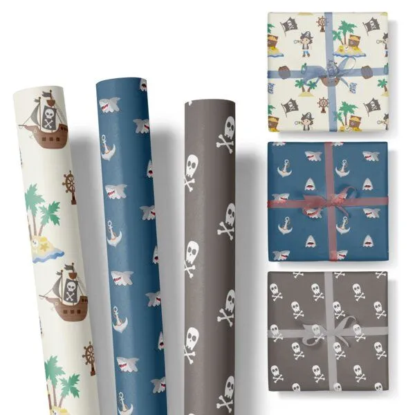 Fines Papeterie Fines Papeterie 3x 3m Geschenkpapier Set Piraten für Kinder Set 5 mit Piraten, Totenköpfen und Haien 3 Rollen je 300x47 cm – Produktbild 2 von 4