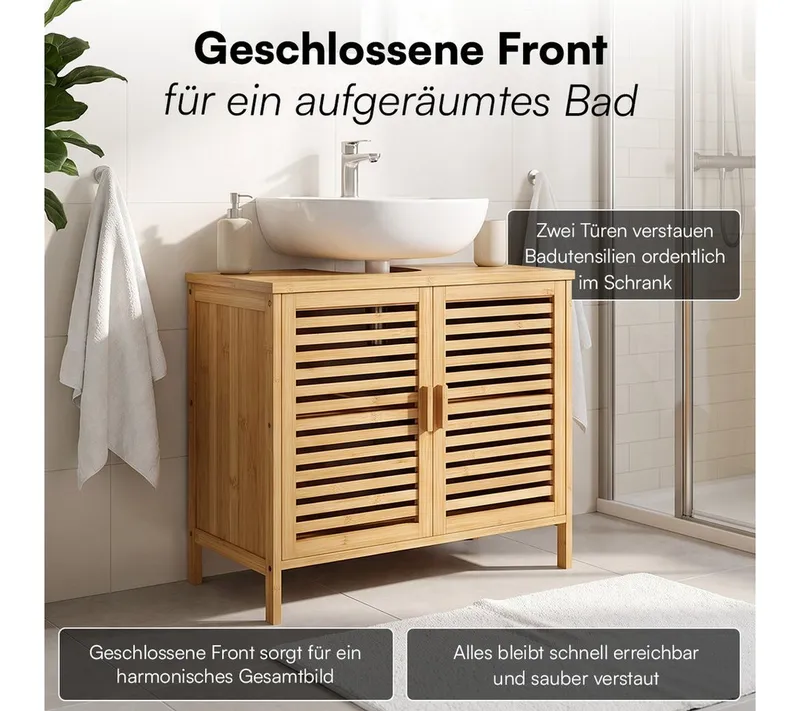 Bellamio Waschbeckenunterschrank Newa, Badezimmerschrank mit zwei Ablagefächern (mit Flügeltüren, 1-St) aus natürlichem Bambus, robst und langlebig, Braun, – Produktbild 3 von 8