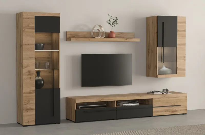 OTTO home Wohnwand Roger,Breite 255 cm moderne Mediawand ohne Beleuchtung, (Set, 4-St), Anbuwand (Set,4-St) viel Stauraum, Glastüren, Beige|schwarz, – Produktbild 2 von 5