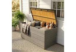 Outsunny Outsunny Gartenbox Polyrattan wasserdicht FSC-Akazienholz-Deckel Kissenbox (Auflagenbox, 1 St., Aufbewahrungsbox), für Garten Balkon Pool Dunkelgrau – Produktbild 1 von 1