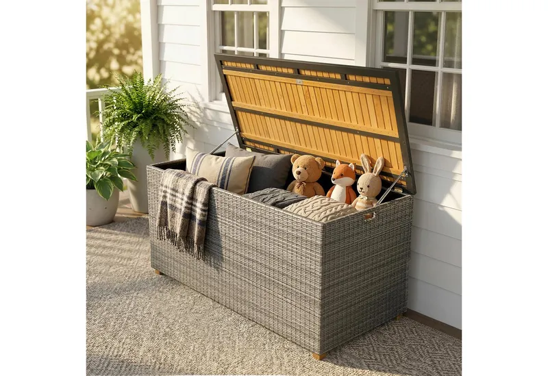 Outsunny Outsunny Gartenbox Polyrattan wasserdicht FSC-Akazienholz-Deckel Kissenbox (Auflagenbox, 1 St., Aufbewahrungsbox), für Garten Balkon Pool Dunkelgrau, Grau, – Produktbild 1 von 5