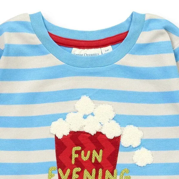 Sense Organics Sense Organics Kinder Schlafanzug, Modell LONG JOHN, Blau-grau geringelt mit popcorn-applikation, – Produktbild 3 von 4