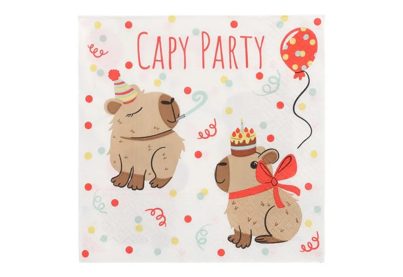 PAPSTAR PAPSTAR Papierserviette, Servietten Papier 33x33cm 3-lagig mit Capybara Party Motiv 20 Stück, Braun|rot|weiß, – Produktbild 1 von 2