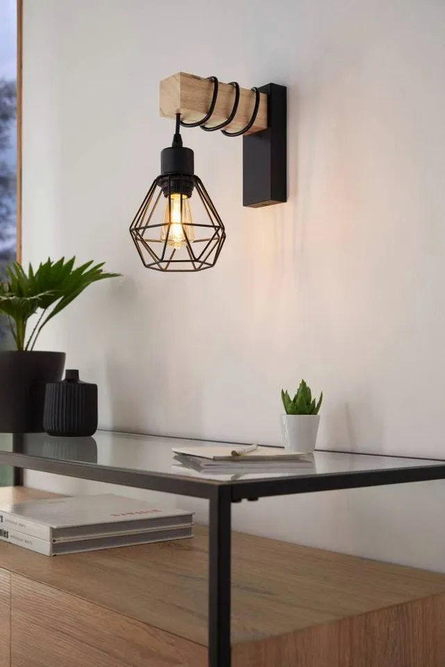EGLO EGLO Wandleuchte TOWNSHEND 5 Wandlampe, Stahl und Holz, E27, IP20, Wohnzimmerlampe, ohne Leuchtmittel, Wand-/Deckenleuchte, Wohnzimmer, L14 x H27,5 cm, Braun|schwarz, – Produktbild 2 von 8