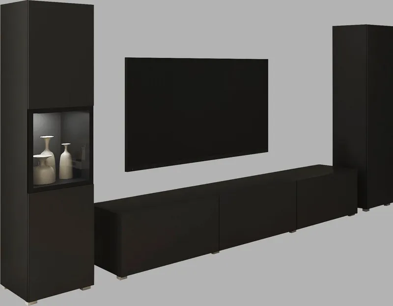 Home affaire Wohnwand BERLIN III, Vitrine Türschlag links/rechts wechselbar, (Komplett-Set, 3-St), moderne grifflose Mediawand Breite 260 cm, Vitrine mit Verglasung, Schwarz, – Produktbild 2 von 4
