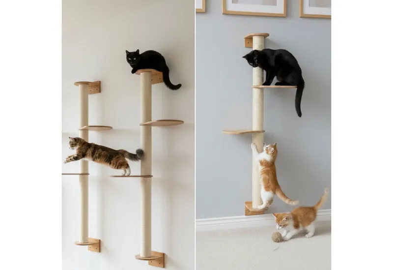 eyepower Kratzbaum zur Wandmontage-130 cm Wandkratzbaum für Katzen mit 2 Bambus Plateaus, Sistammstamm Wand - Katzenkratzbaum platzsparend - Kletterwand Katze, Beige, – Produktbild 5 von 5