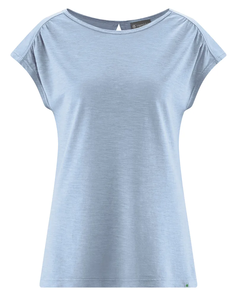 HempAge Hempage Damen vegan T-Shirt Mit Ausschnitt Am Rücken Rauchblau, Blau, – Produktbild 1 von 2