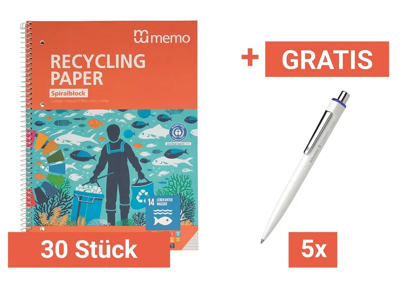 Memo 30 Stk. memo Spiralo A4 liniert 80 Blatt RC-plus+Gratis 5 Stk. Schneider 'K3 Biosafe' blau – Produktbild 1 von 1